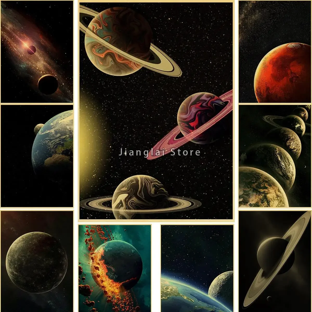 Solar System Planets Earth Mars Canvas Painting Print Character Nostalgia Home Decoration Cafe Mural Vintage Bedroom Painting