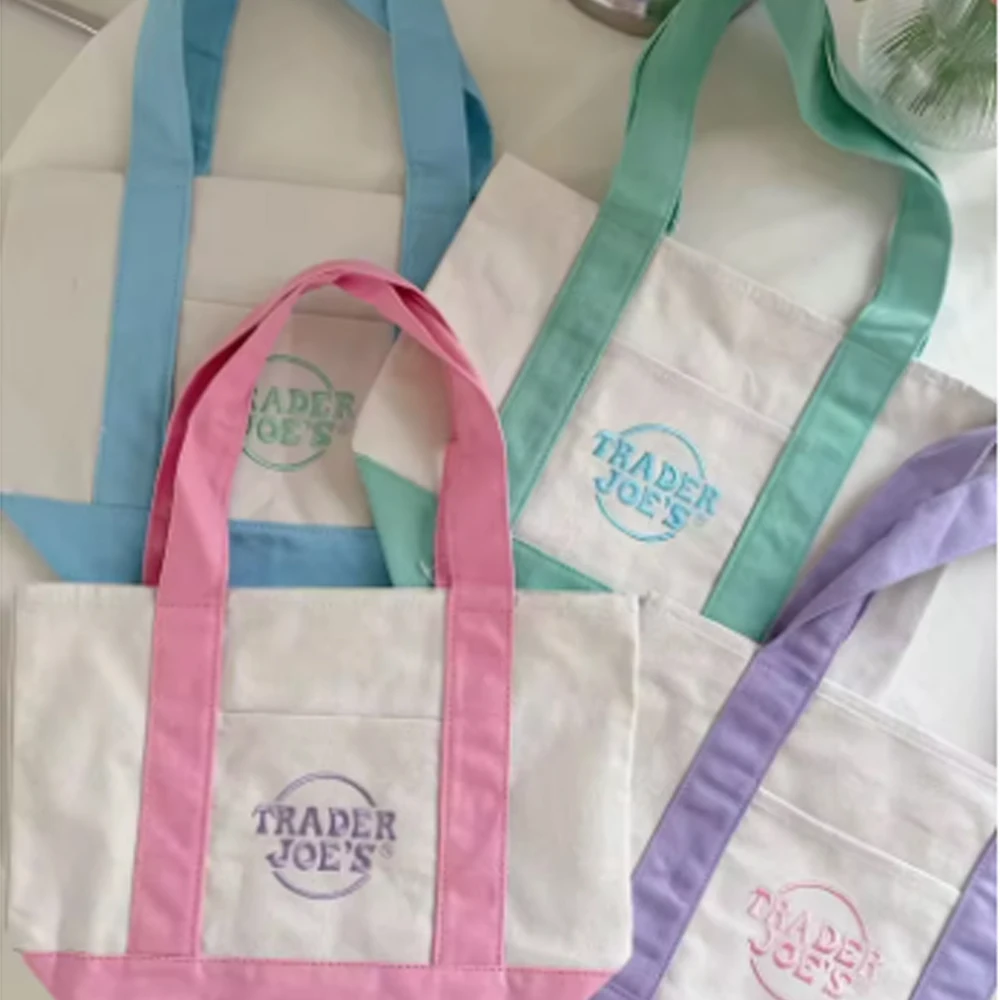 حقيبة حمل شديدة التحمل وقابلة لإعادة الاستخدام مكونة من 4 قطع، أكياس تسوق بيضاء من تاجر جو مع مقابض ملونة للبقالة والشاطئ #6