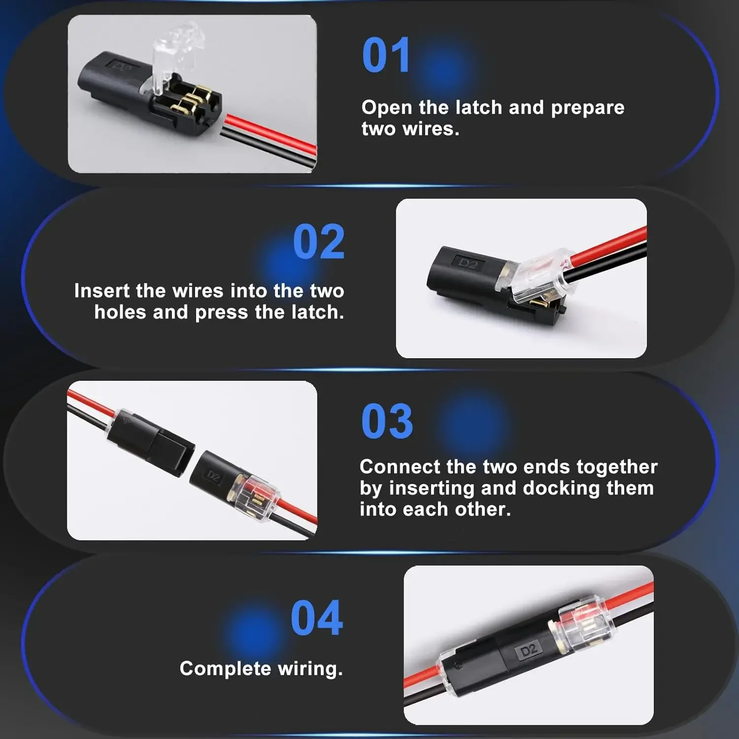 50/1pcs Double-Wire Plug-in Connector with Locking Buckle Pluggable LED Wire Connector 2 Pin 2 Way Universal Compact Wire image 2