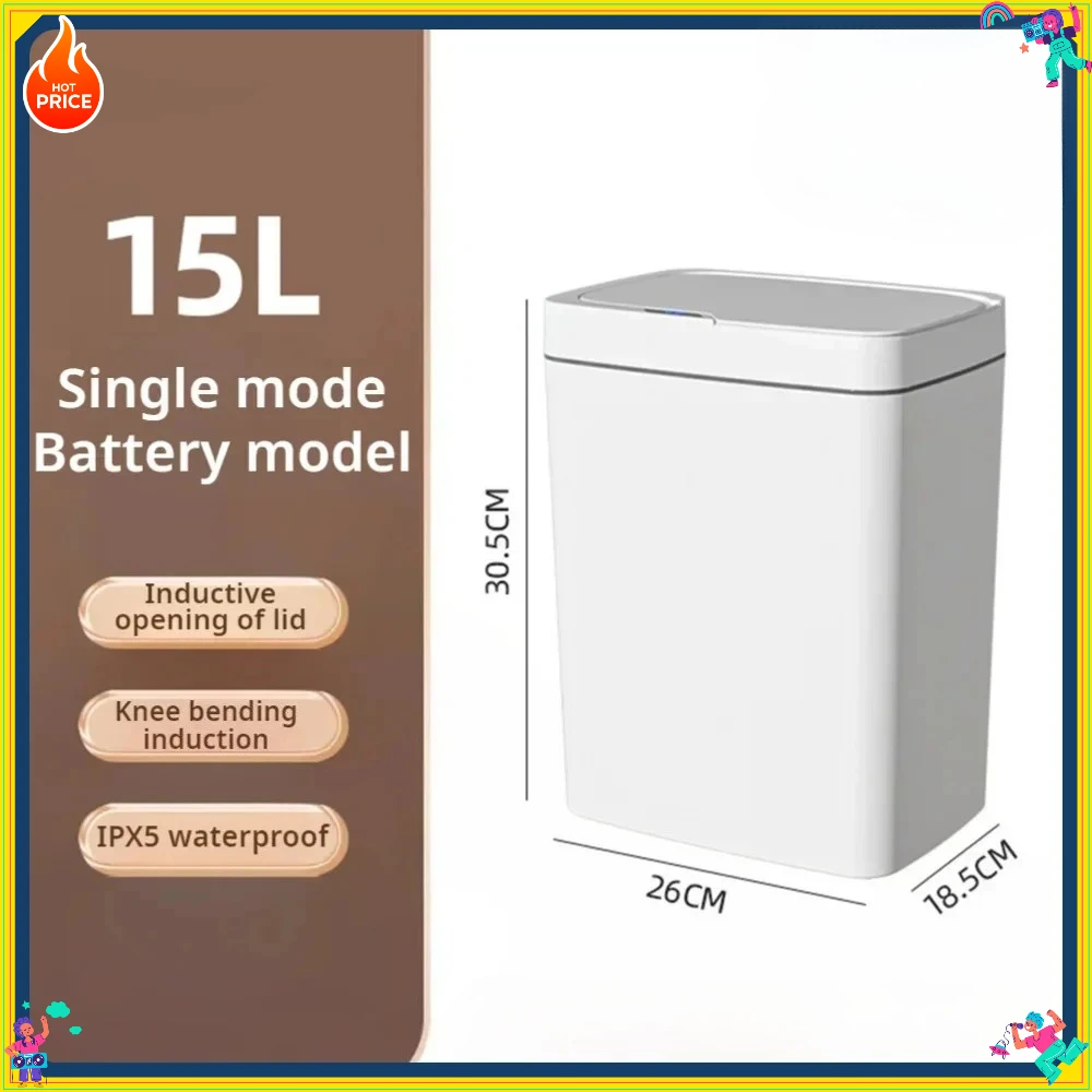 15L ホワイト タッチレス スマートゴミ箱、自動袋詰め電子ゴミ箱、スマートホーム用の狭いバスルーム用ゴミ箱