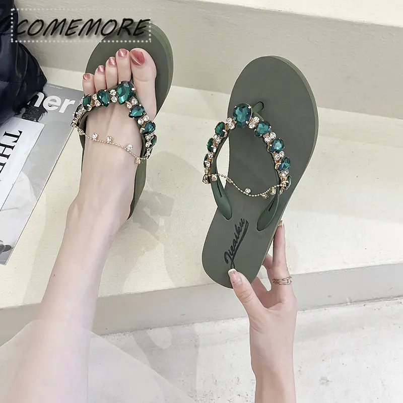 2023 New Slippers Rhinestone Chain Thick Bottom Women\'s Summer Flip-flops Beach Platform Wedges Heel Sandals Casual Comfortable