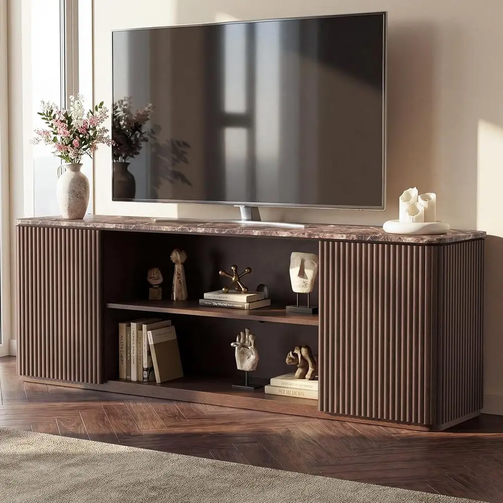 70TV Stand, ern Entertainment Center or TVs Up to 80, luted TV ole with Stora, Adjustale Shees, aux Marle Top, Curved Proile Des
