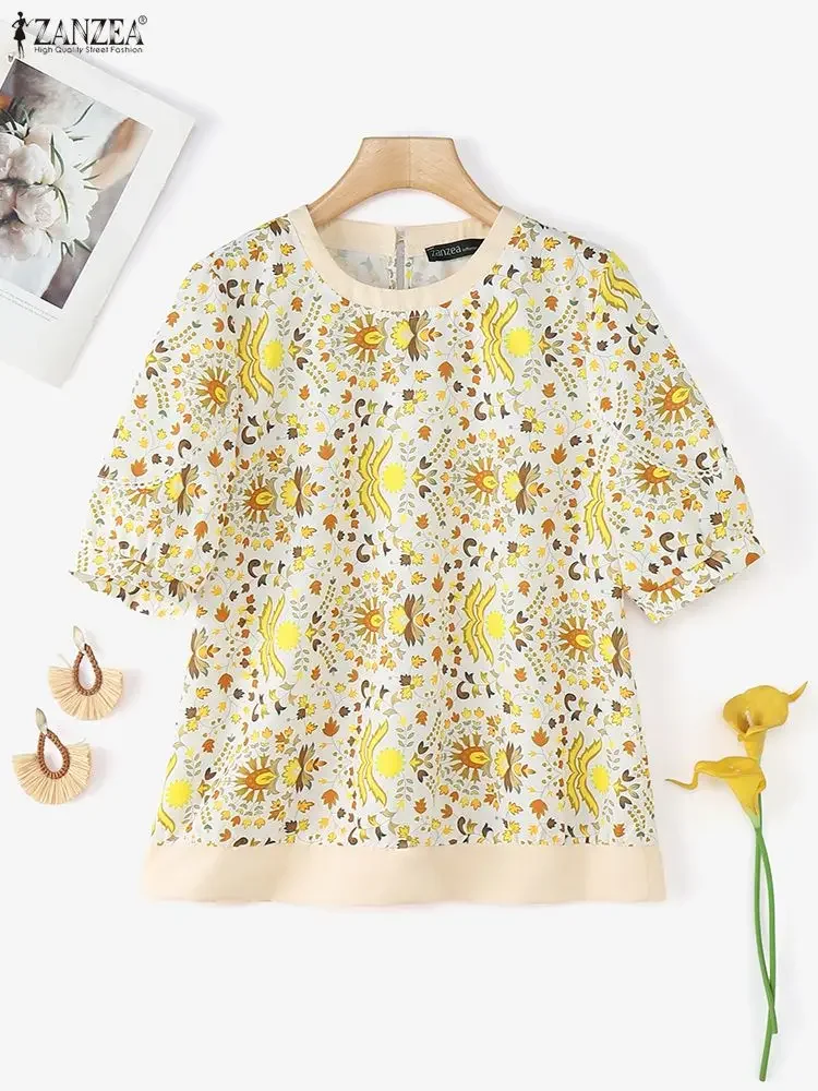 ZANZEA Vintage Donna Top Stampa Camicetta Camicie estive 2025 Moda Manica corta Casual O-Collo Tunica Allentato Caftano Blusas Femininas