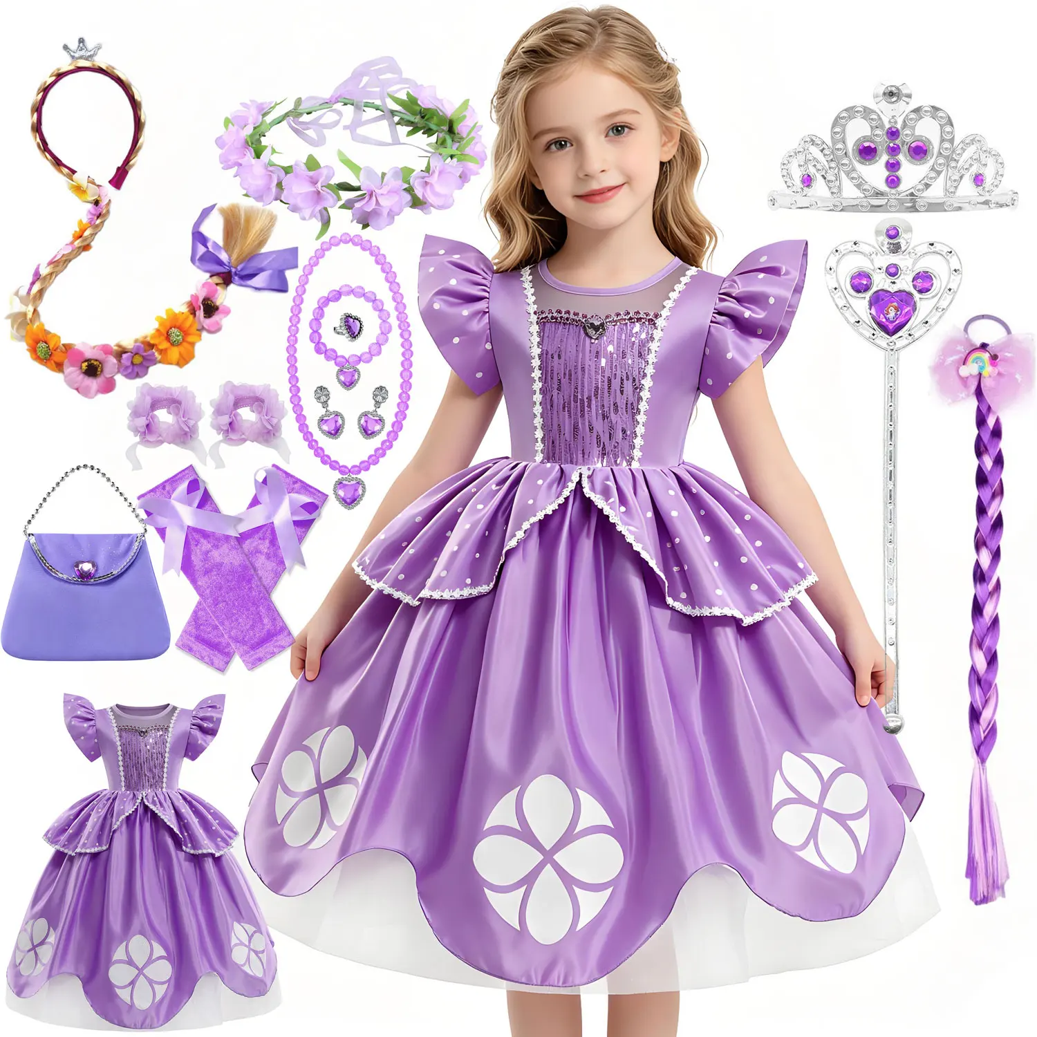 Robe de princesse Sophia violette Disney pour filles, costume élégant à manches courtes pour Halloween, anniversaire, carnaval