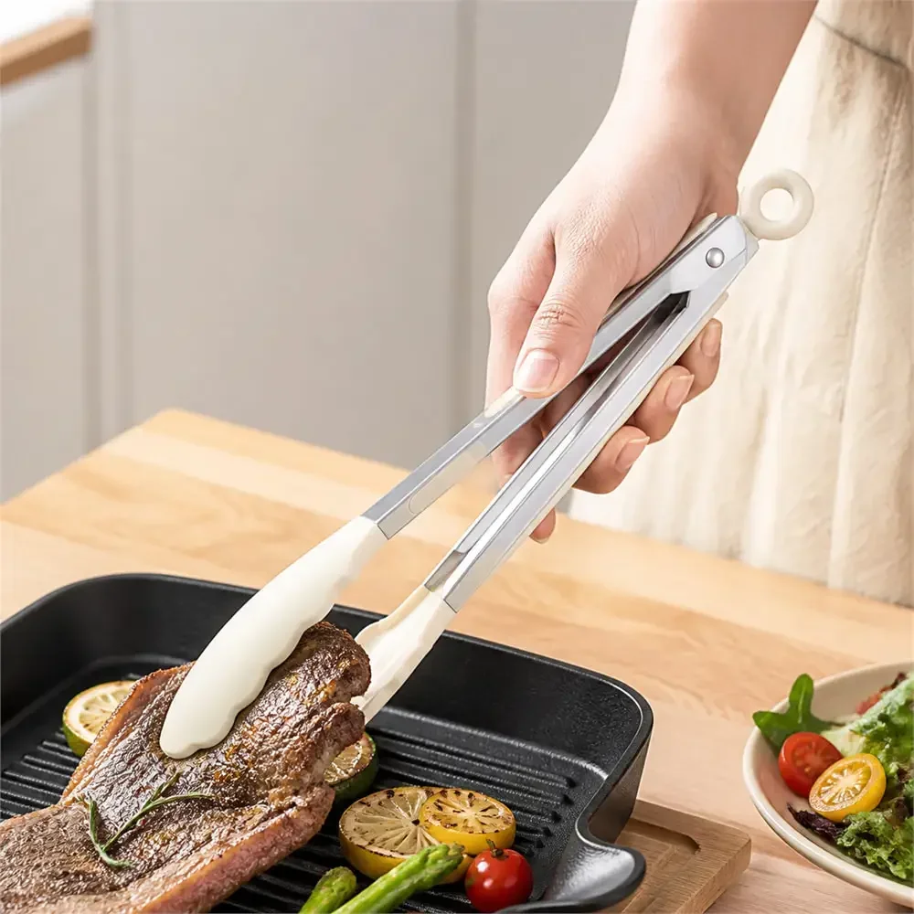 Kitchen Food Tongs White Silicone Tips Stainless Steel Arms Scalloped Gripping Ends Cooking Utensil Serving Salad Bread Pasta