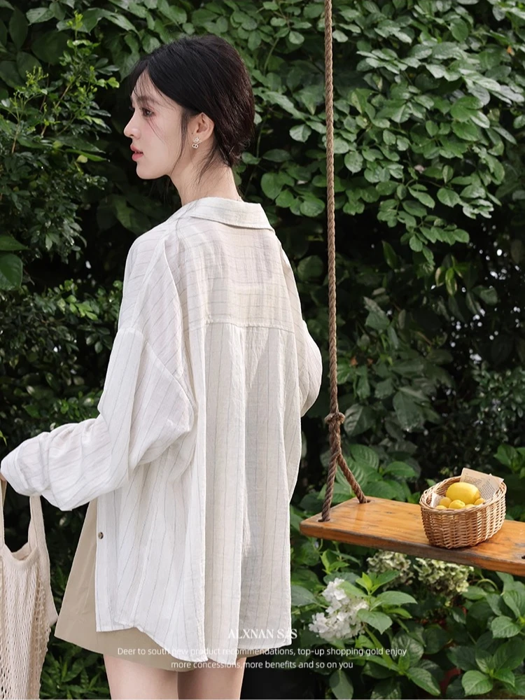 ALXNAN Gestreept overhemd Casual zonnebrandcrème Casual blouses met lange mouwen 2025, zomer, elegant, losvallend vakantie dameskleding L56567