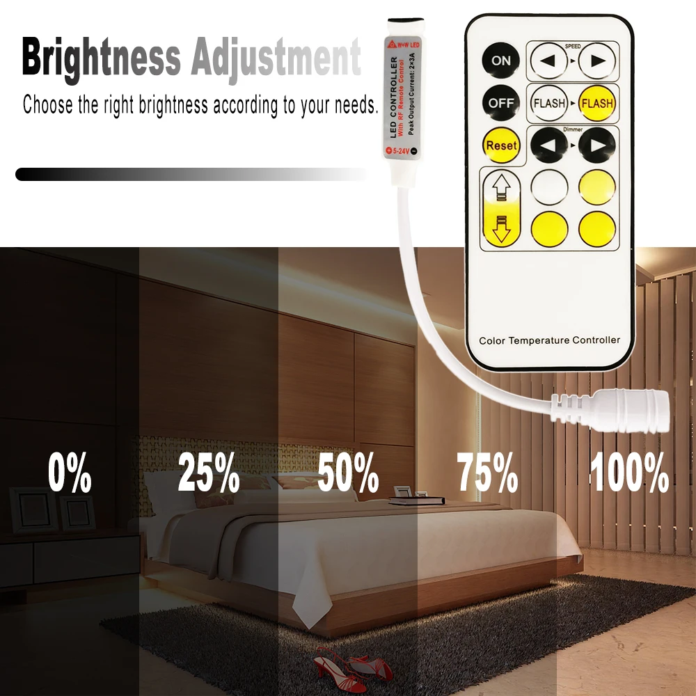 CCT WW+CW 2in1 LED Strip Flexible Light With 15Keys Dimmable Controller Temperature Adjustable DC12V/24V Waterproof IP30 IP65