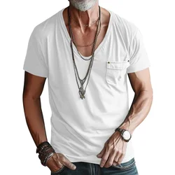 2024 New Pocket T-shirt European and American Men's V-neck Solid Color Casual Short sleeved T-shirt