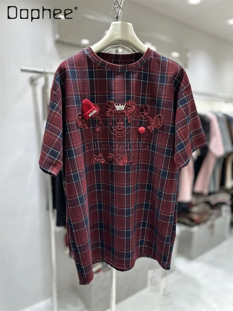 

New Year's Autumn and Winter Woolen Top Heavy Industry Diamond Plaid Loose Medium Length Thickened Short-sleeved T-shirt Women