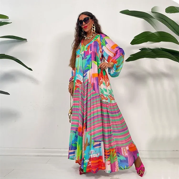 Autumn Loose Pleat Swing Boho Maxi Dresses Lady Vintage Pattern Print Beach Vestidos Women Sexy Deep V Neck Long Party Dress