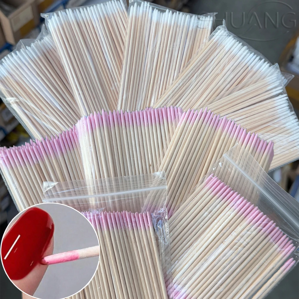 100-500Pcs Pink White Wood Cotton Swab Nail Cleaning Sticks 7/10CM Nail Cuticle Pusher Remover Detail Makeup Nail Polish Remover