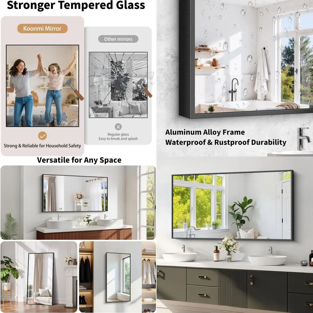 

24x48 Horizontal/Vertical Mount Tempered Glass Bathroom Mirror, HD No Distortion, Matte Alloy Frame