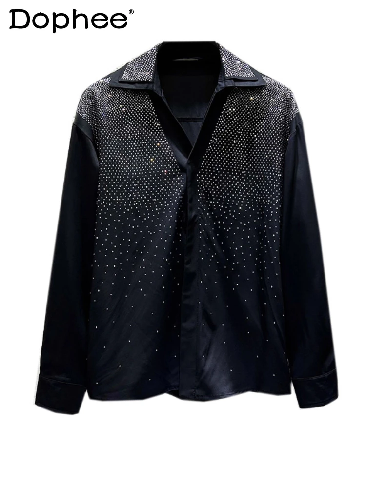 

2025 Men's Autumn New Trend Tops Double Collar Design Rhinestone Shirts Men's Personality V-neck Loose Comfort Long Sleeve Shirt