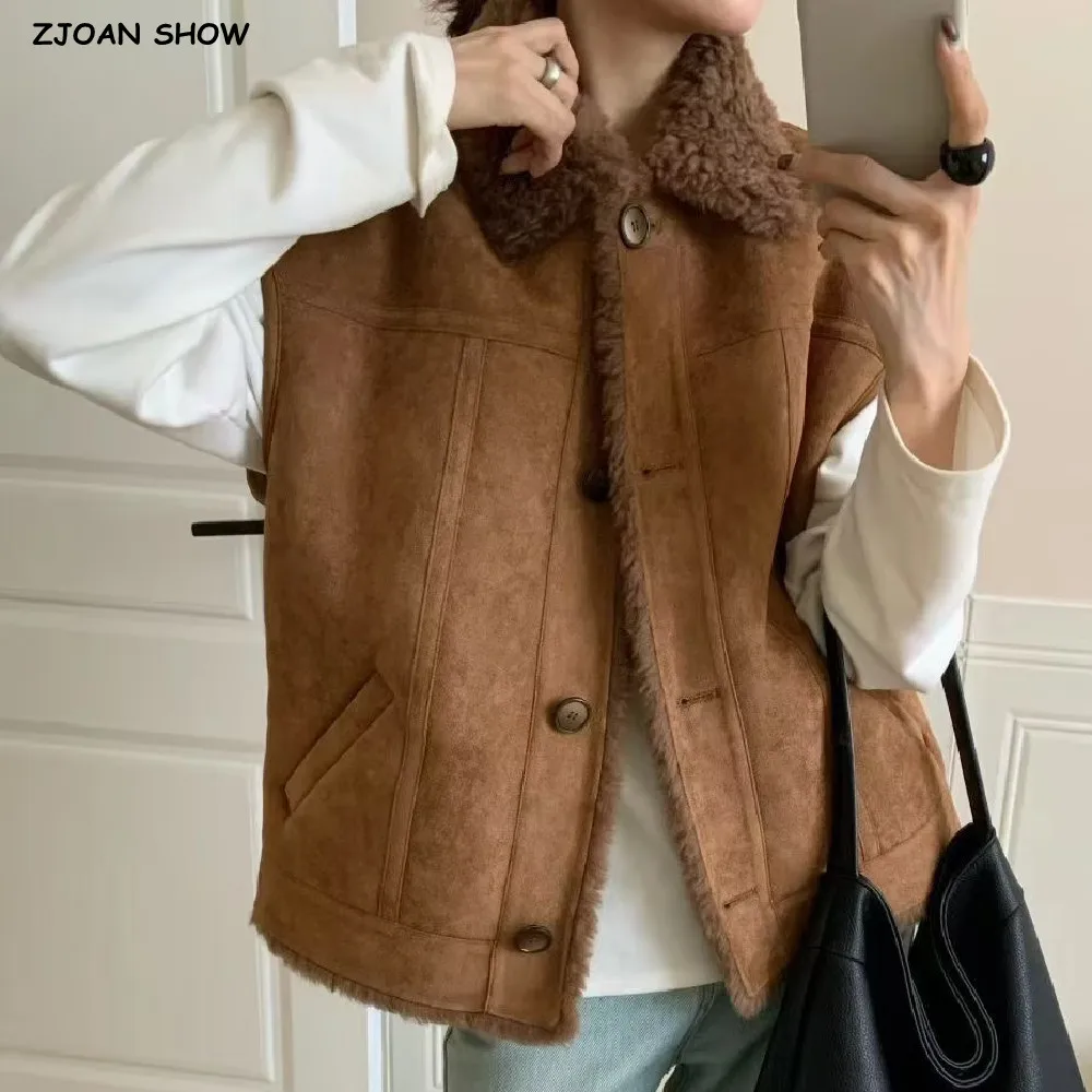 

Осень-зима 2022, винтажный замшевый жилет из меха ягненка, женский однобортный жилет без рукавов с лацканами и пуговицами, короткий жилет, верхняя одежда