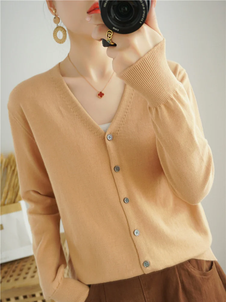 100% Cotton Line Long Sleeve V-Neck Knitted Cardigan Women Loose Short Solid Color Simple Sun Protection SMY K61