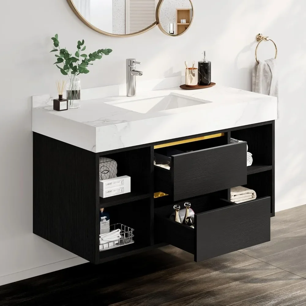 40 Inch Floating Vanity Bathroom with White Sintered Stone, Wall Mounted Vanity with Ceramic Sink Included 2 Drawers and Shelves