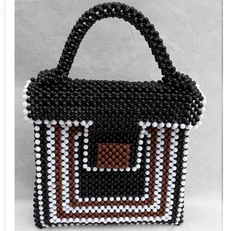 

Vintage Personalized Wooden Bead Women's Bag New Fashion Contrast Color Splicing Handbag Acrylic Beaded Weaving Customized Bags