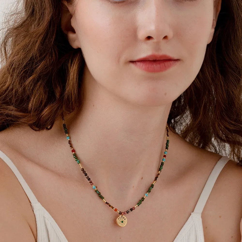 

Bohemian18K Gold Plated Eye Pendant Necklace Handmade Natural Stone Beaded Stainless Steel Choker for Women Jewelry Gift