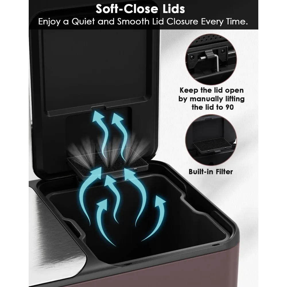 سلة مهملات مزدوجة Arlopu سعة 16 جالون مع صندوق مدمج للتحكم في الرائحة، سلة قمامة المطبخ بدون استخدام اليدين، سلة مهملات إعادة التدوير، إغلاق ناعم