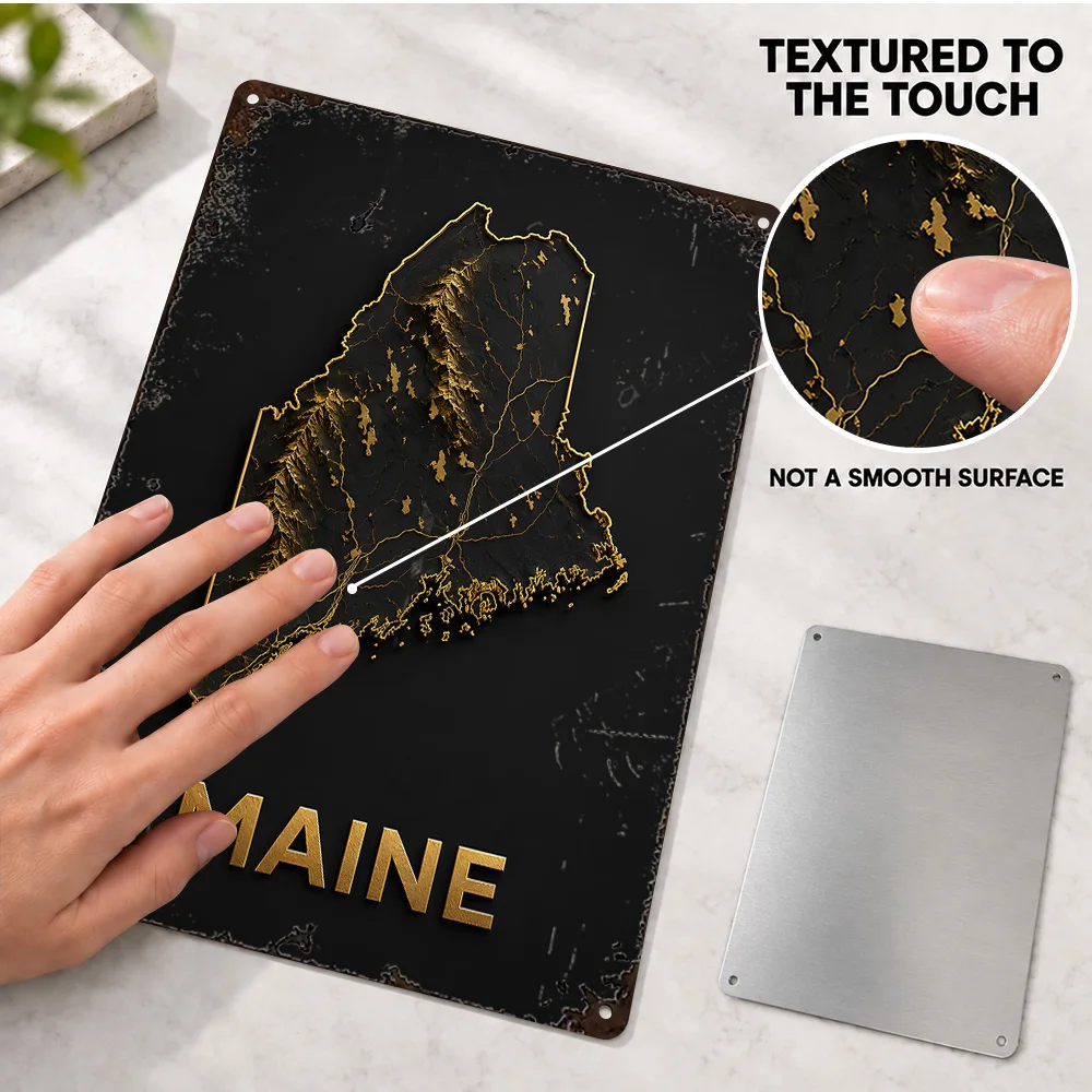 Maine Terrain Map Aluminum Poster Personalized Metal Sign Gold Relief Effect Wall Art For Travel Agency Geography Lover Gift