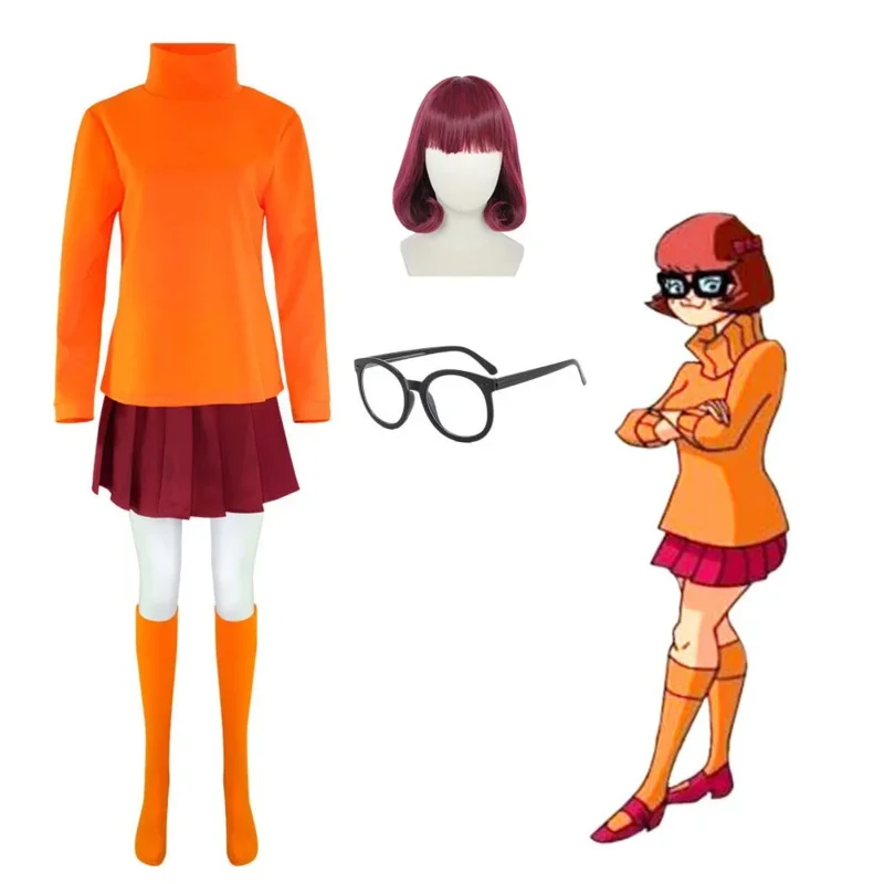 Anime Velma Cosplay Costumes pour femmes, olympiques orange, perruque rouge, uniforme d'Halloween, olympiques de carnaval