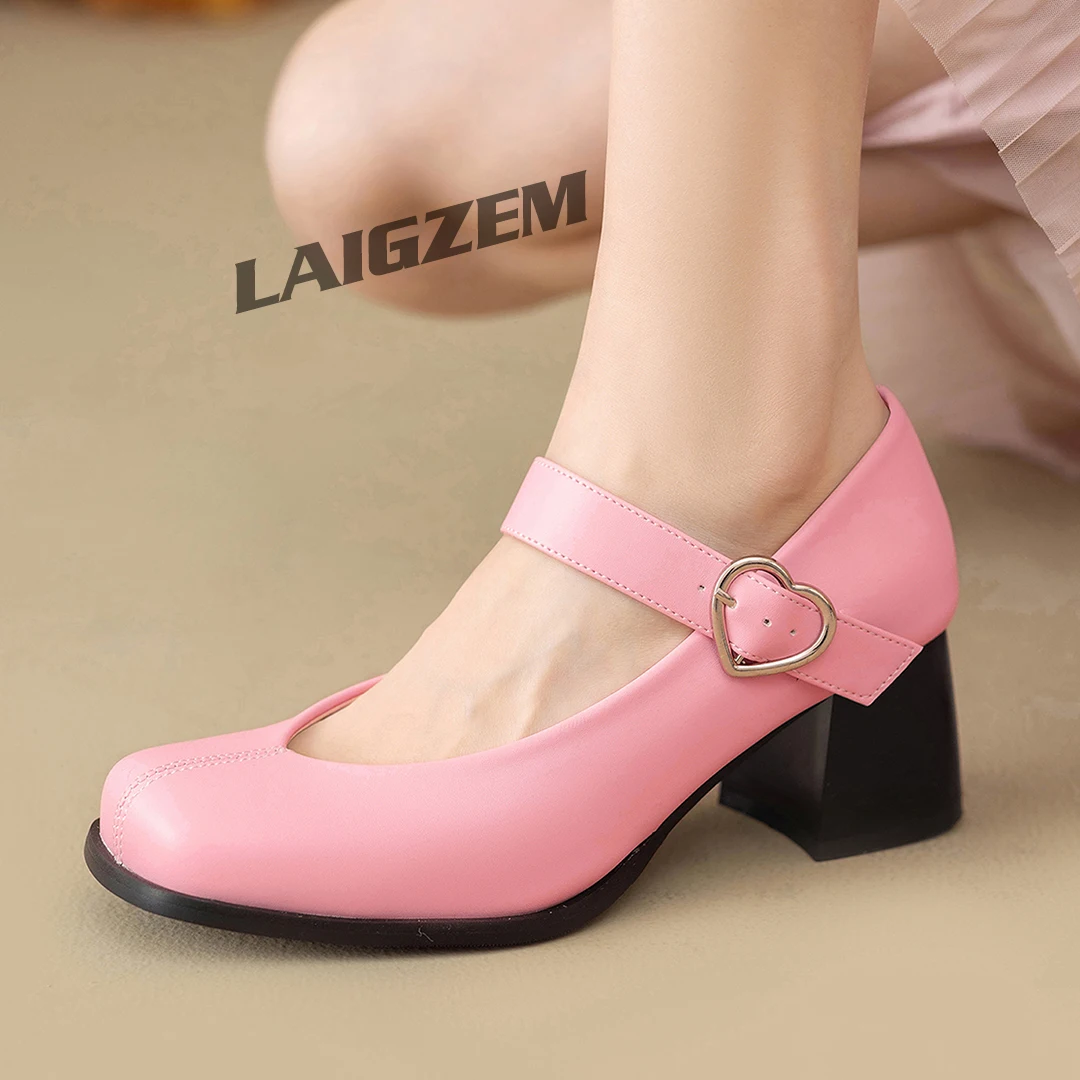 

LAIGZEM Women Pumps Square Toe 5.5CM Heels Mary Janes Block Thick Heels Female Ladies Handmade Shoes Woman Big Size 34 44 45 47
