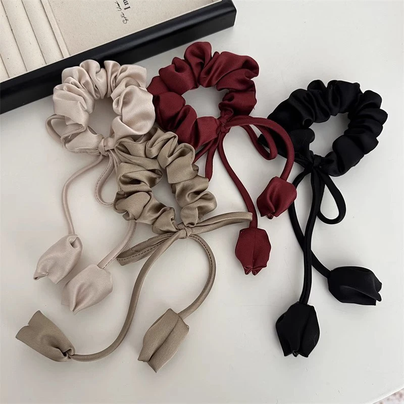 

Simple Bowknot Tulip Flower Tassels Hair Scrunchie For Women Girls Ponytail Large Intestine Hair Ring Headwear Hair Accessories