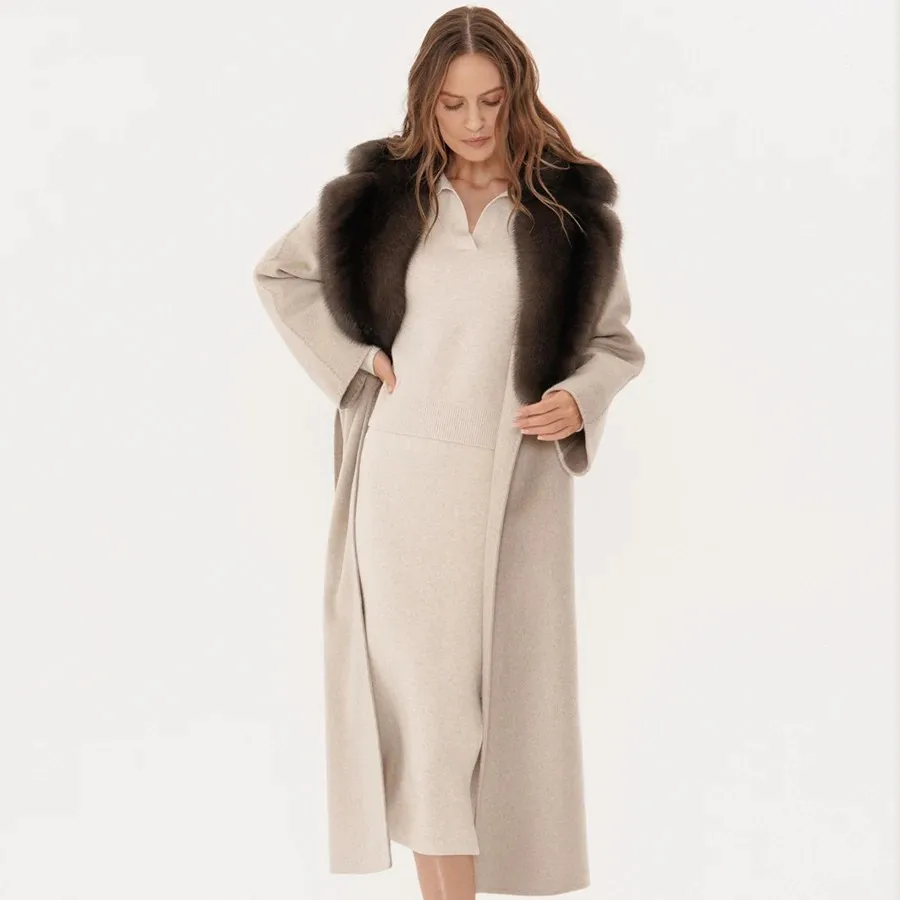 Wool Blends Coats Real Fox Fur Collar Women's Long Coat Lady Luxury Hot Selling Winter Cashmere Coat