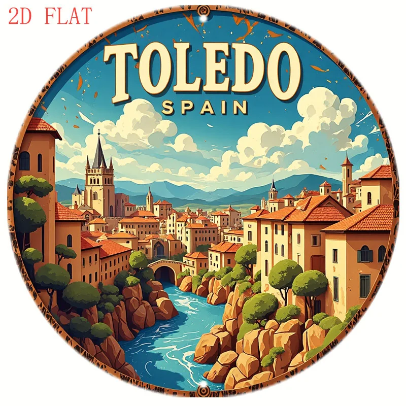 1pc 8 Inch Toledo Spain Scenic River Landscape Metal Wall Art - Vibrant Spanish Cityscape Round Sign with Tajo Gorge & Historic