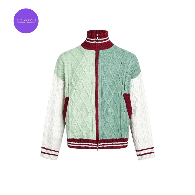 ACOMOSON EU US Size High Quality Luxury Clothing Knitted Sweater Jacket For Men Women Winter Color-Block Cardigan Sweater