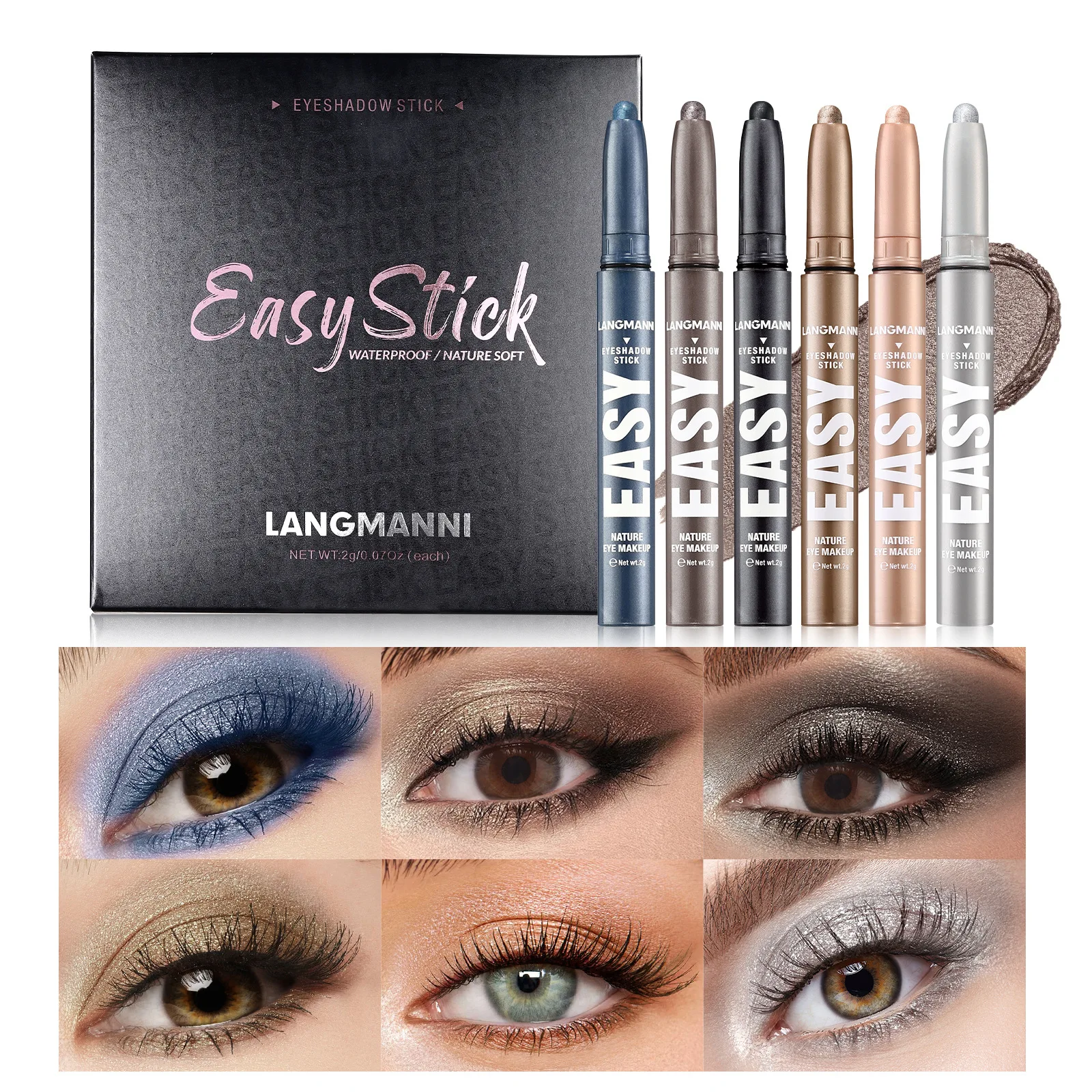 Neues 6-Farben-Lidschatten-Set aus Metall, glitzernd, wasserdicht, langlebig, 12 Stunden, modisches Lidschatten-Stick-Set, Party-Bühnenkosmetik, 2 g