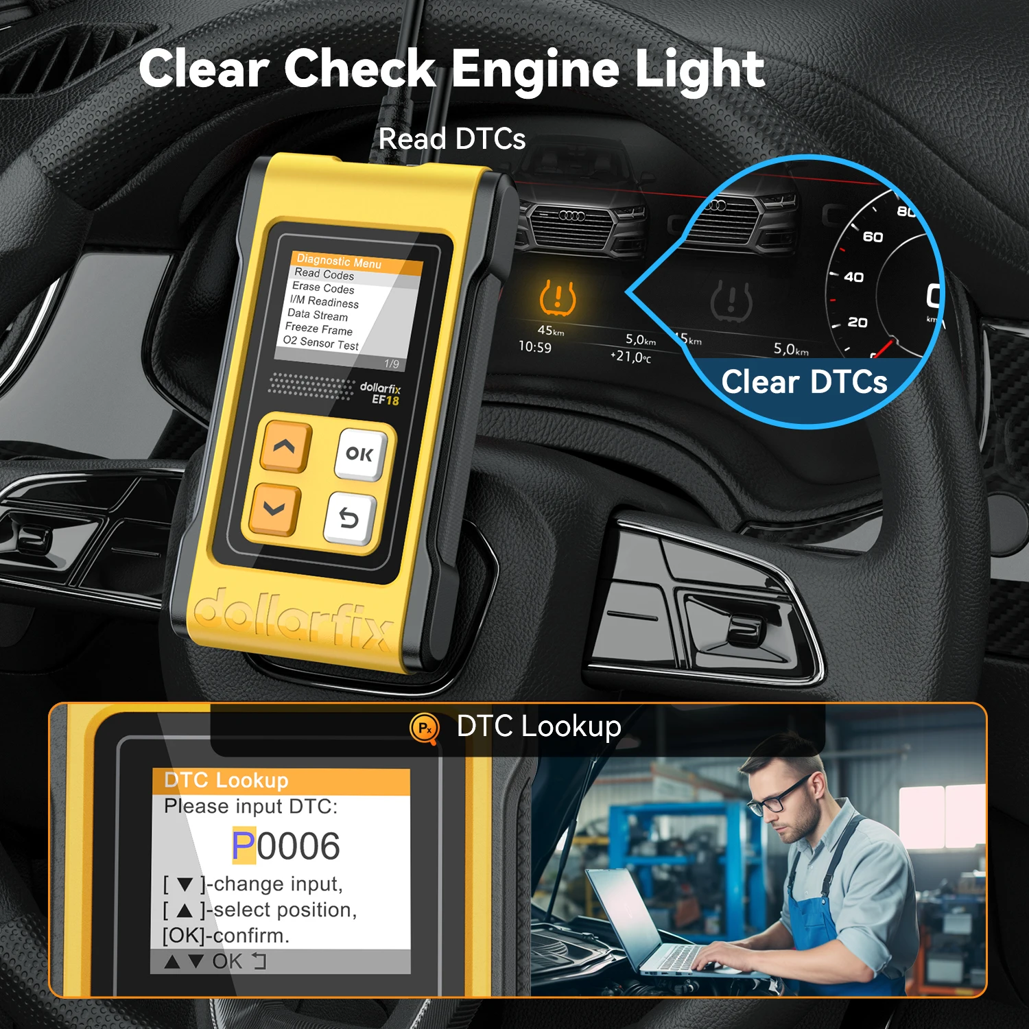 Dollar fix ef18 obd2 scanner autoauto diagnose tool odb2 code leser löschen fehler codes o2 sensor messwerte obd 2 scanner