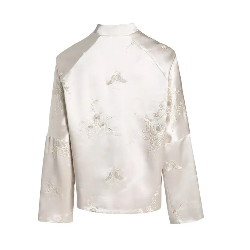 Chaqueta de mujer de otoño, abrigo con cuello levantado de satén bordado, hebilla china, estilo nacional Retro, prendas de vestir exteriores de lujo, Top de manga larga