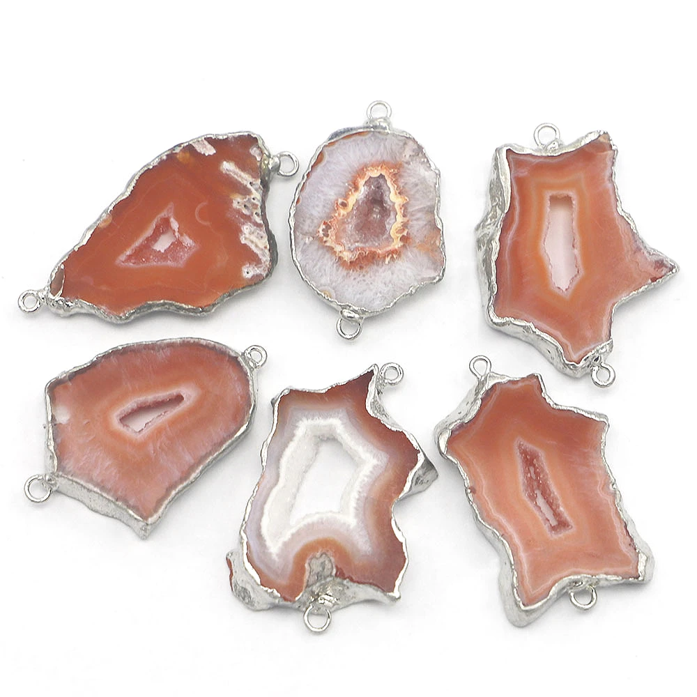 

Натуральный оранжевый агат, подвеска-коннектор неправильной формы, с серебряным покрытием, для самостоятельного изготовления серег, ожерелья, ювелирных украшений, 1 шт.