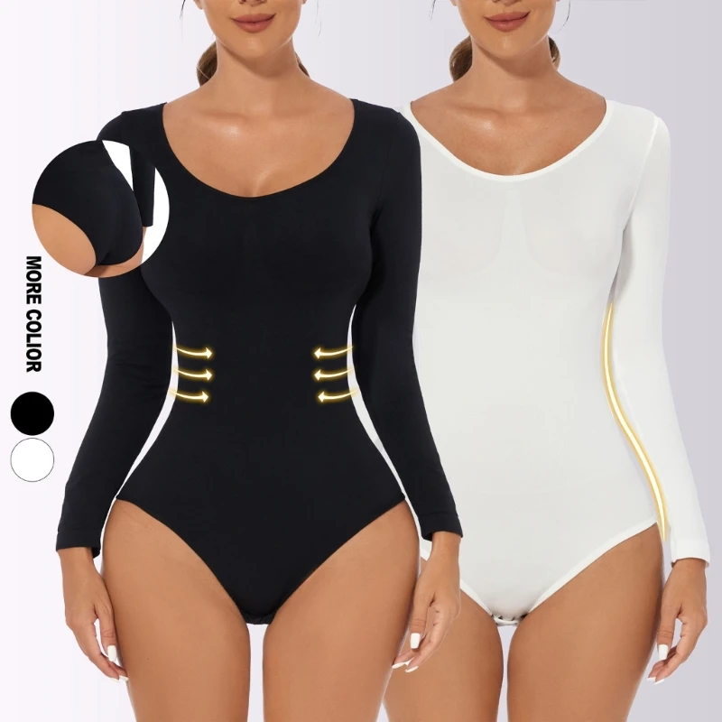 

Womens Round Neck Tummy-Control Bodycon Bodysuit Top Long Sleeve Solid Color Thin Waist Slimming Thongs Jumpsuit Romper