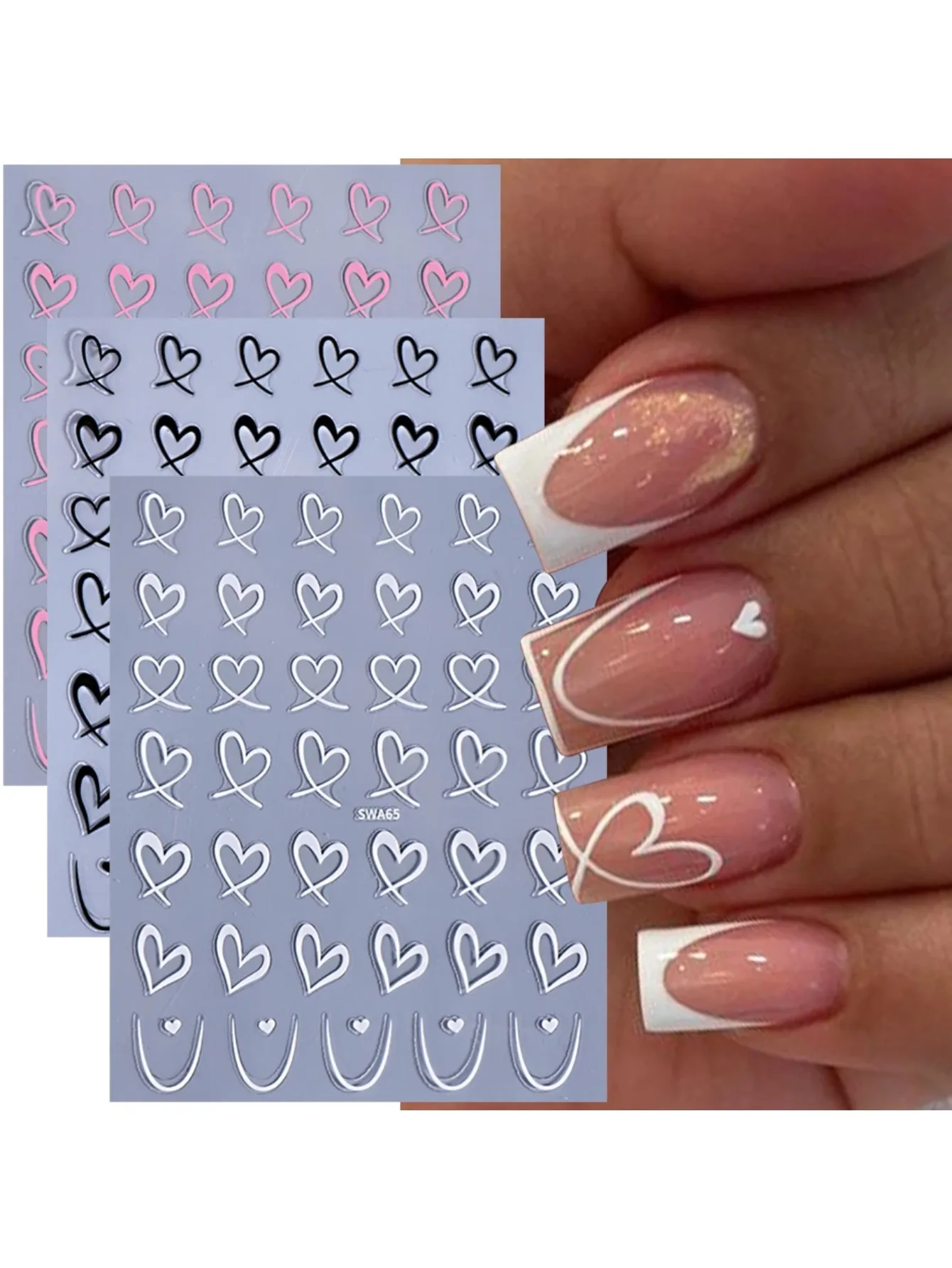 

3pcs Valentine's Day Nail Art Stickers 3D Black White Pink Lines Love Heart Nail Decals DIY Adhesive Slider Manicure Decorations