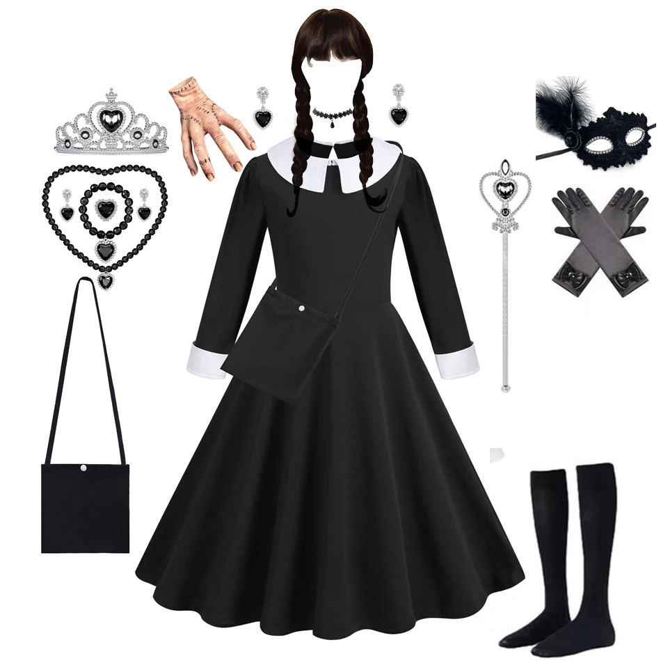 W-Wednesday Addams Costume Girl Dress for Girls Black Dress Dark Theme Halloween Girl Costume Birthday Party Girls Dresses