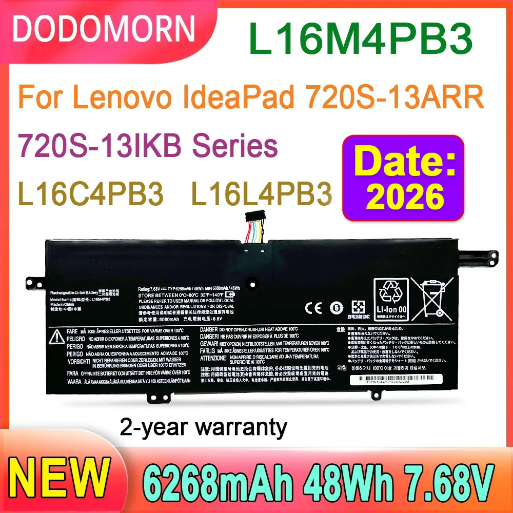 Batería para ordenador portátil DODOMORN L16M4PB3 para Lenovo IdeaPad 720S-13ARR 720S-13IKB Series ​ L16C4PB3 L16L4PB3 Alta calidad 6268mAh 48WH