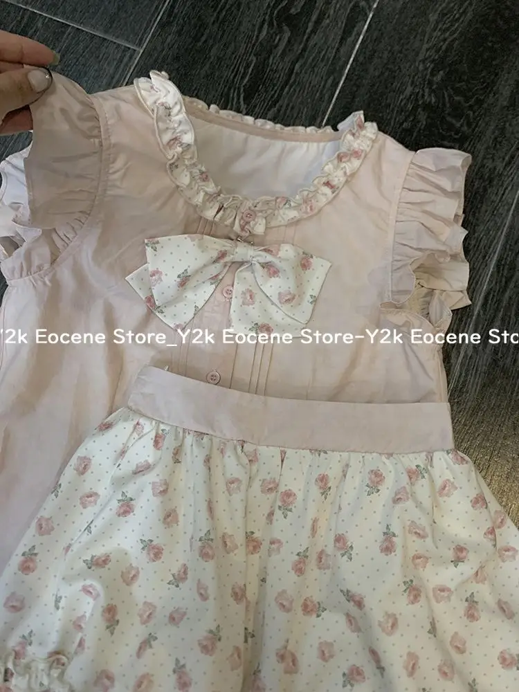 Japanese Pink Sweet Print Two Piece Set Elegant Sleeveless Top + Floral High Waisted Skirt Set Summer Bow Kawaii Ruched Outfits