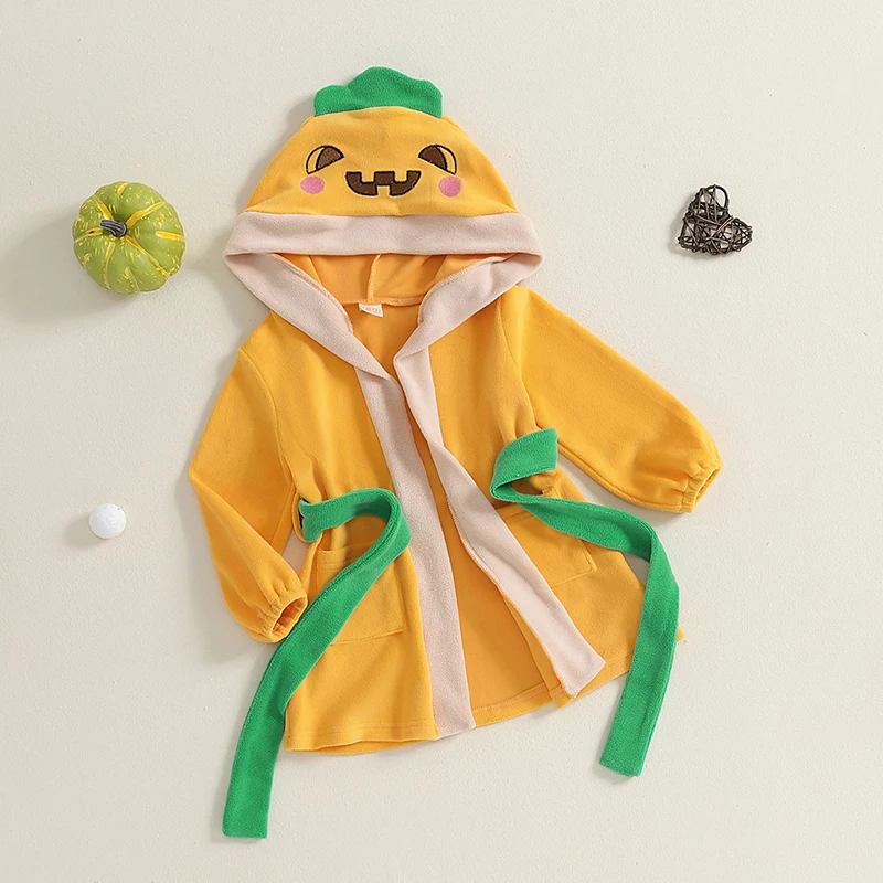 Boy Girl Halloween Bathrobe with Belt Cartoon Pumpkin/Chick Print Plush Long Sleeve Hooded Robe