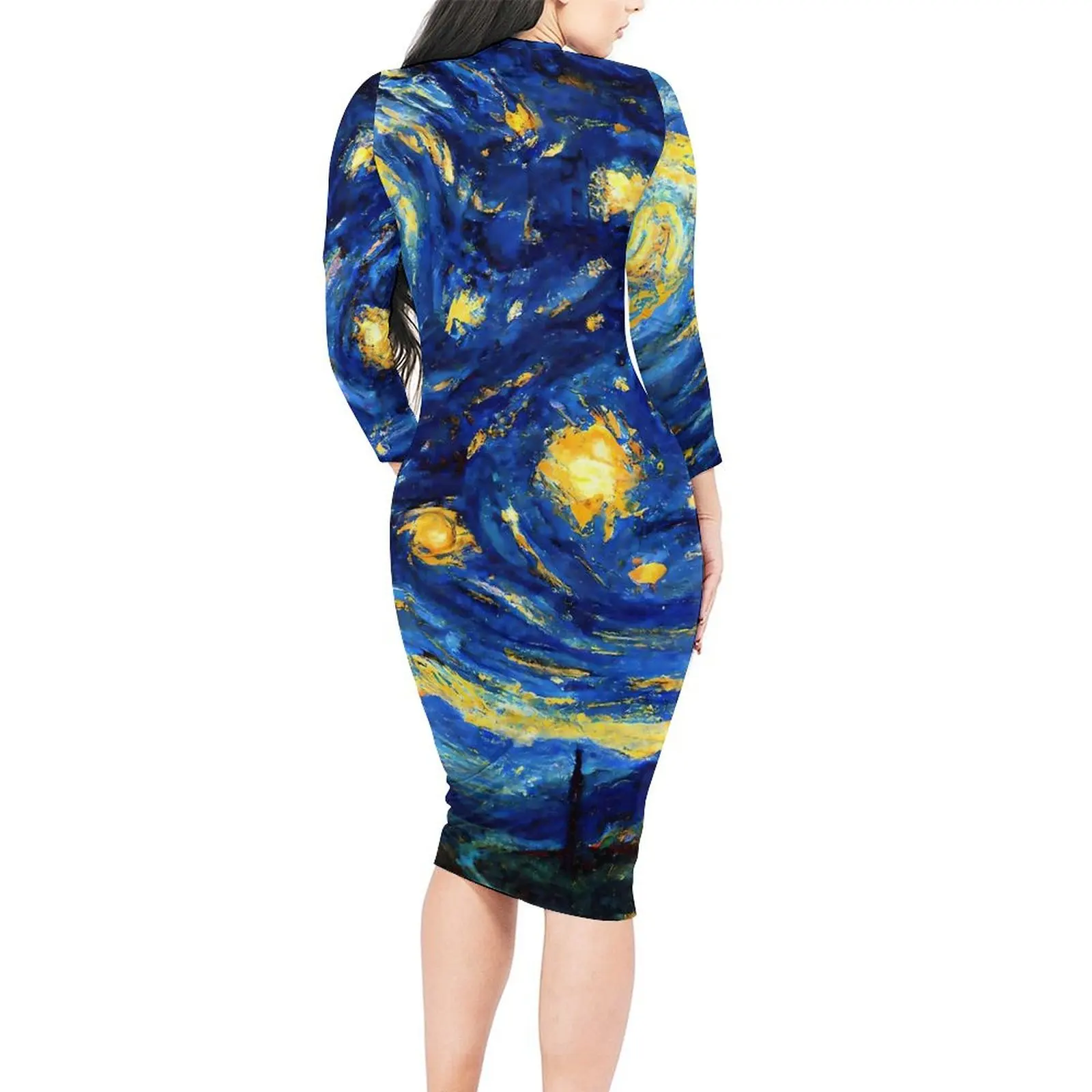 Oil Painting Dress Long Sleeve Van Gogh Starry Night Street Style Dresses Spring Retro Bodycon Dress Woman Oversized Vestido