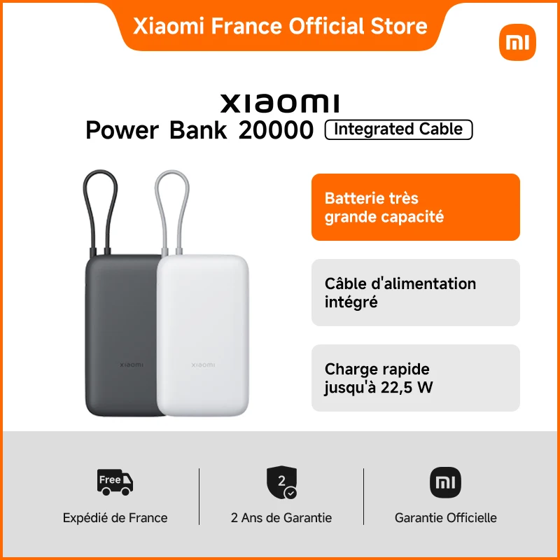 Xiaomi France | Xiaomi Power Bank 20000mAh (Integrated Cable), Batterie trs grande capacit, Cble d'alimentation intgr, Charge rapide bidirectionnelle jusqu' 22,5 W