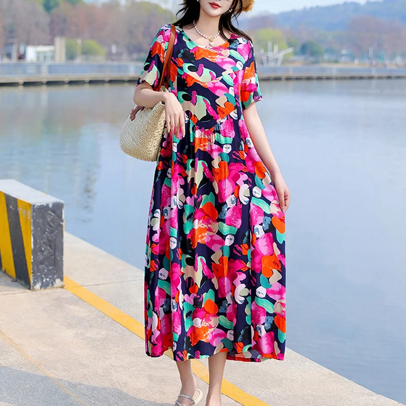 فساتين صيفية عصرية غير رسمية جديدة للنساء 2025 فستان نسائي عتيق أنيق بأكمام قصيرة مطبوع برقبة دائرية ملابس نسائية #3