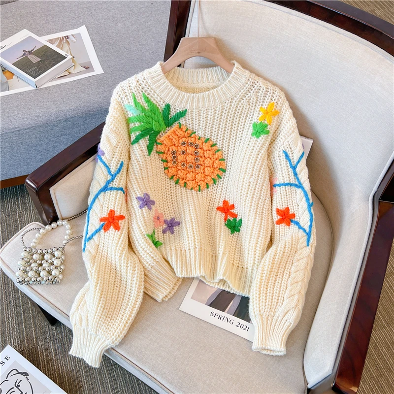 

Flower Embroidery Knit Sweater Pullover Women Autumn Winter Chic Fashion Ladies Tops Long Sleeve O-neck Jumper 2023