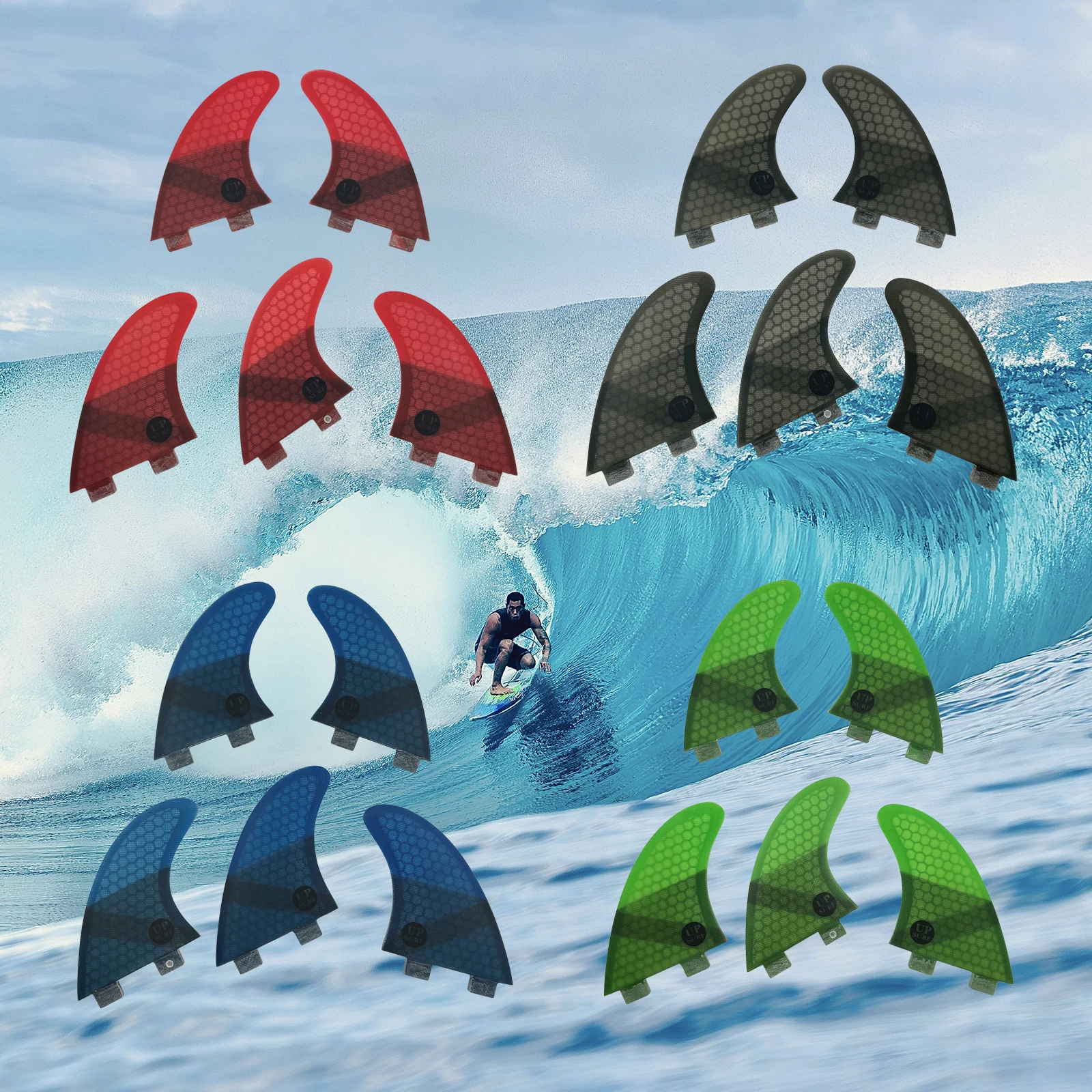 UPSURF FCS Quad Fins Set Honeycomb Fibrglass Surf Fins Double Tabs 1 Surf Fin UK2.1 Quad Fins Surfboard Fins Surfing Accessories