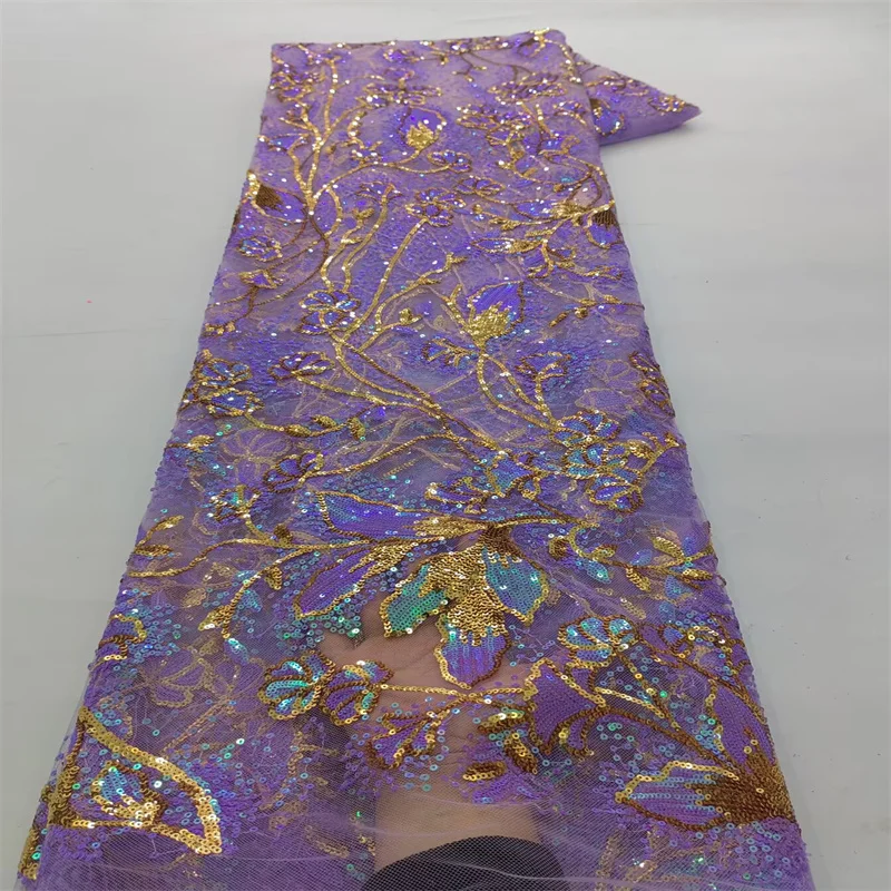 

Luxurious Nigerian Handmade Sequins Lace Fabric 2025 High Quality African purple Embroidery Lace Fabric For Women Evening Dress