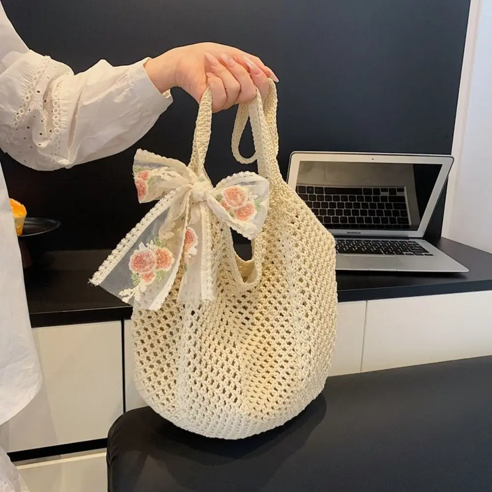 

Solid Color Women Knitting Shoulder Bag Hollow Out Large Capacity Crochet Tote Bag Convenient Spacious Sundries Storage Bag