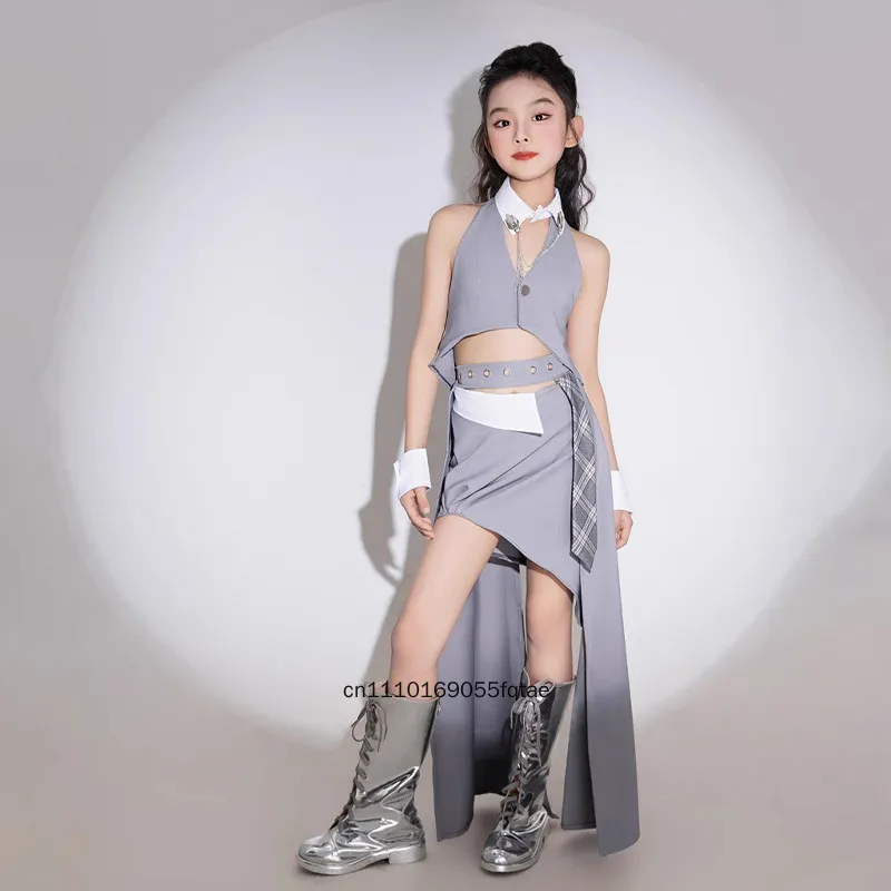 Kids Gray Fashion Train Performance Suit Cool Stylish Catwalk Show Wear Model Competition Outfit Jazz Dance Costume For Girls