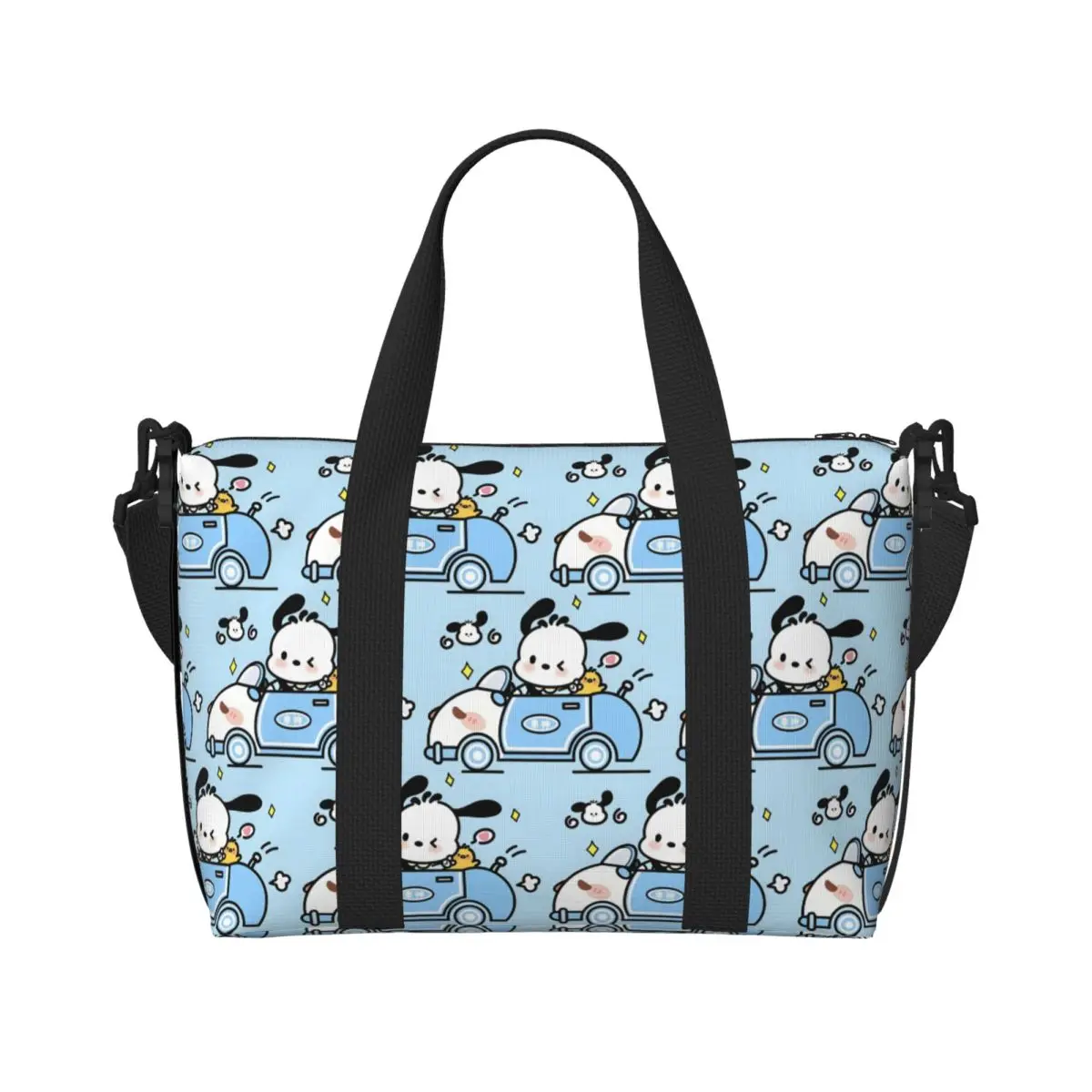 

Custom Cartoon Pochacco Beach Tote Bag for Women Extra Large Gym Carry On Kawaii Anime Travel Shopping Bags