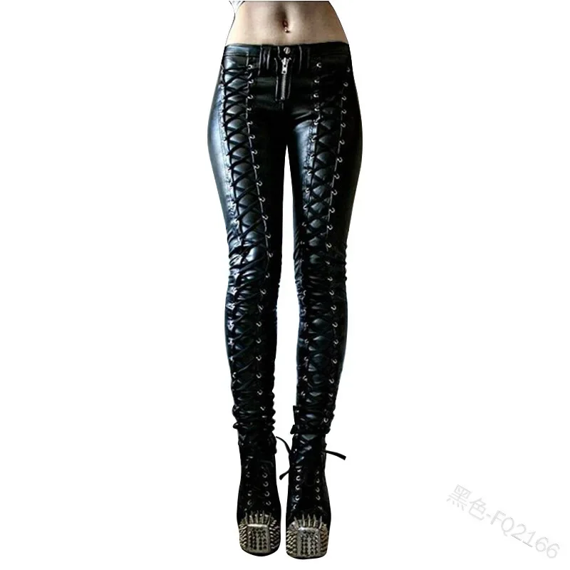 

Women's Fashion Faux Leather PU Baggy Trousers Women Vintage Elastic Drawstrings High Waist Versatile Female Pants